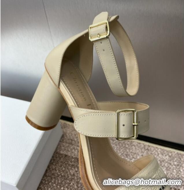 Top Design Dior Dway Heeled Sandals 7.5cm in Beige Calfskin and Embroidered Cotton 1231066