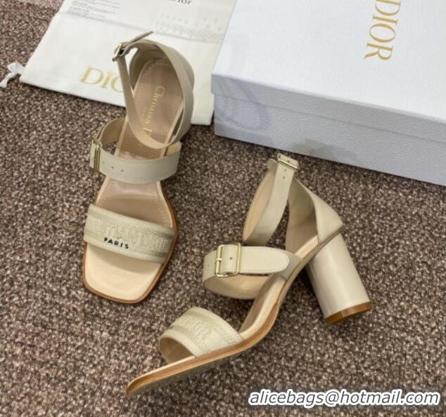 Top Design Dior Dway Heeled Sandals 7.5cm in Beige Calfskin and Embroidered Cotton 1231066