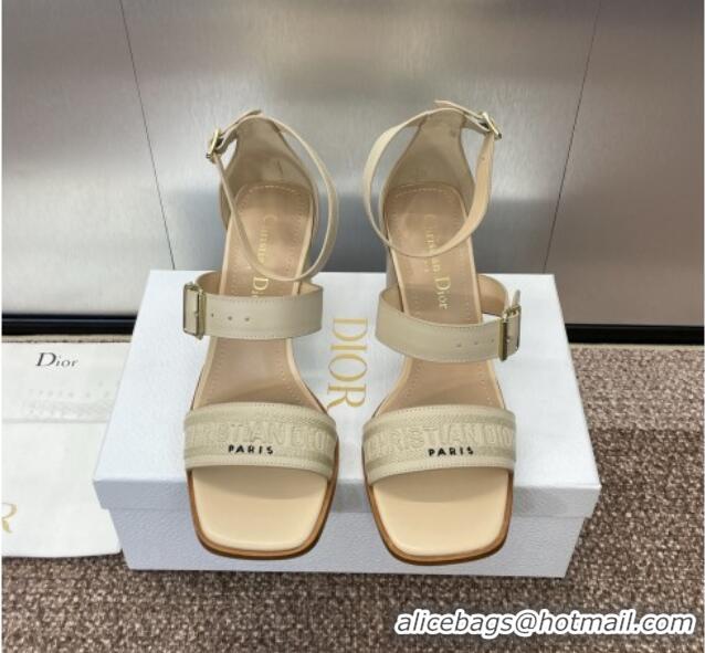 Top Design Dior Dway Heeled Sandals 7.5cm in Beige Calfskin and Embroidered Cotton 1231066