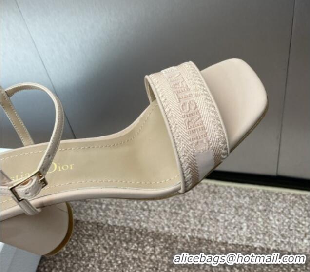 Grade Quality Dior Dway Heeled Sandals 7.5cm in Nude Embroidered Satin and Lambskin 1231068