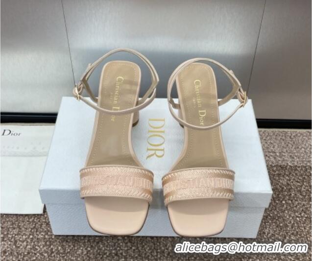 Grade Quality Dior Dway Heeled Sandals 7.5cm in Nude Embroidered Satin and Lambskin 1231068