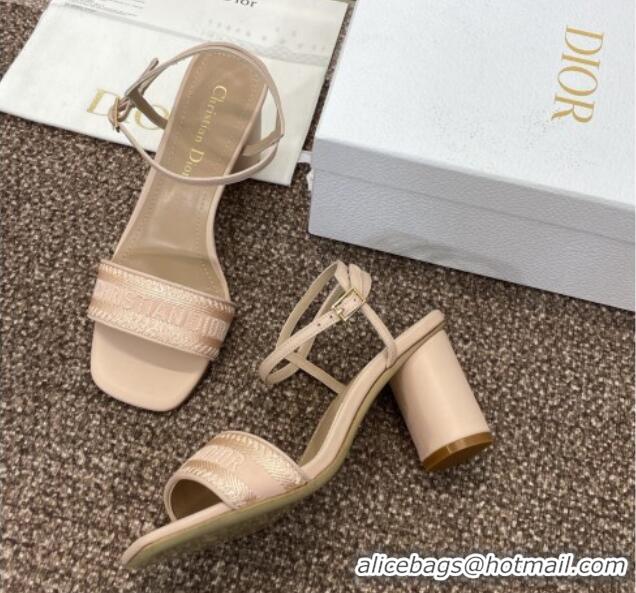 Grade Quality Dior Dway Heeled Sandals 7.5cm in Nude Embroidered Satin and Lambskin 1231068