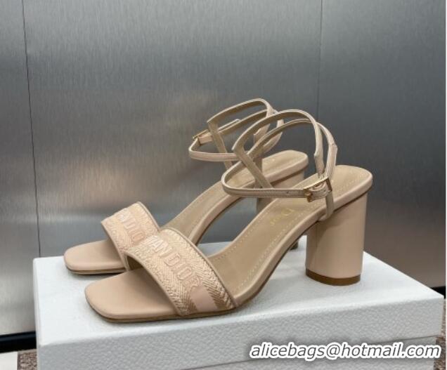 Grade Quality Dior Dway Heeled Sandals 7.5cm in Nude Embroidered Satin and Lambskin 1231068