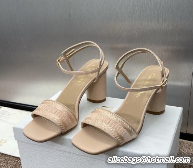 Grade Quality Dior Dway Heeled Sandals 7.5cm in Nude Embroidered Satin and Lambskin 1231068