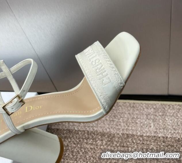 Pretty Style Dior Dway Heeled Sandals 9.5cm in White Embroidered Satin and Lambskin 1231069