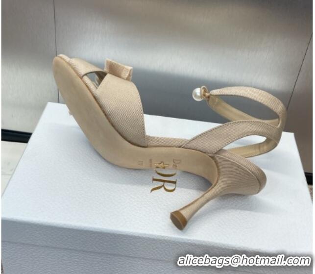 Feminine Dior Adiorable Heeled Sandals 7.5cm in Beige Fringed Grosgrain with Pearls and Bow 1231074