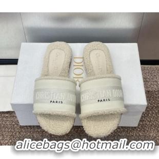Best Grade Dior Dway Flat Slides Sandal in Calfskin and Embroidered Cotton with Shearling Lining White 1231076