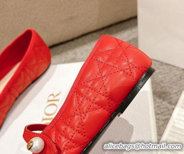 Popular Style Dior Mary Janes Ballet Flats in Quilted Cannage Calfskin with Pearl Red 1231088