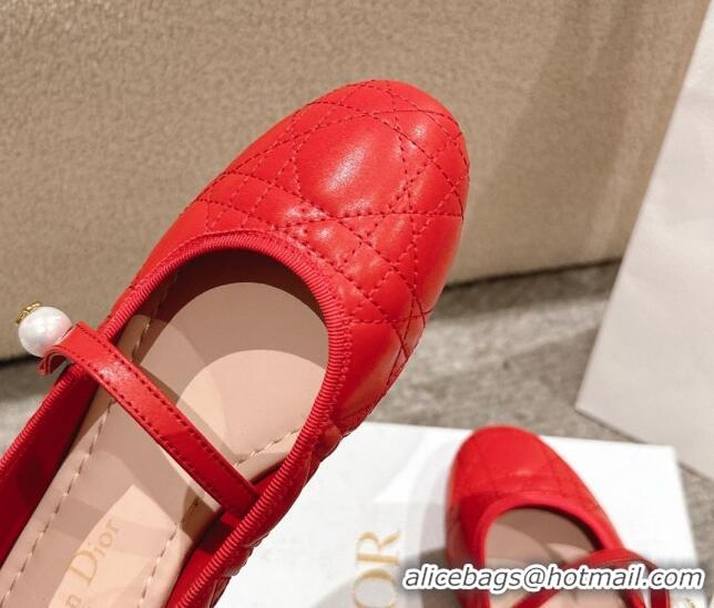 Popular Style Dior Mary Janes Ballet Flats in Quilted Cannage Calfskin with Pearl Red 1231088