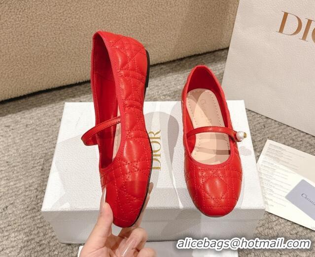 Popular Style Dior Mary Janes Ballet Flats in Quilted Cannage Calfskin with Pearl Red 1231088