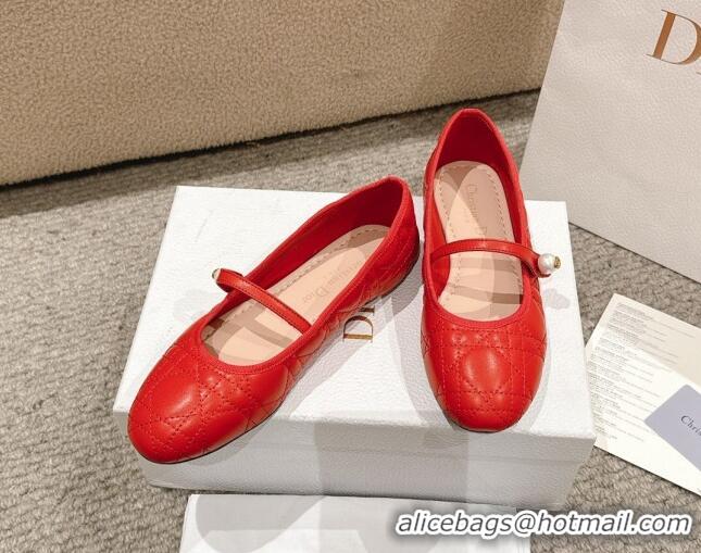 Popular Style Dior Mary Janes Ballet Flats in Quilted Cannage Calfskin with Pearl Red 1231088