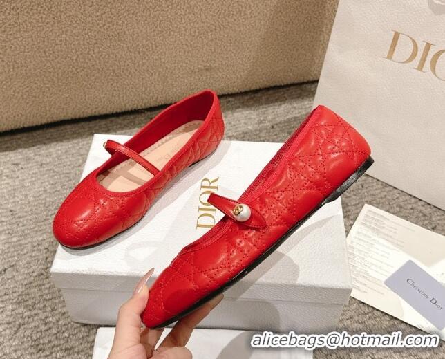 Popular Style Dior Mary Janes Ballet Flats in Quilted Cannage Calfskin with Pearl Red 1231088