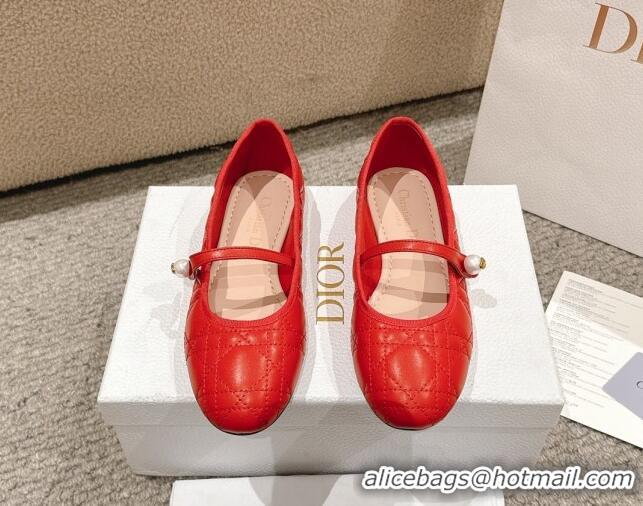 Popular Style Dior Mary Janes Ballet Flats in Quilted Cannage Calfskin with Pearl Red 1231088