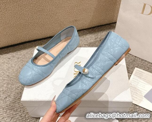 Best Grade Dior Mary Janes Ballet Flats in Quilted Cannage Calfskin with Pearl Light Blue 1231089