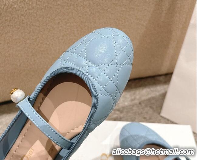 Best Grade Dior Mary Janes Ballet Flats in Quilted Cannage Calfskin with Pearl Light Blue 1231089