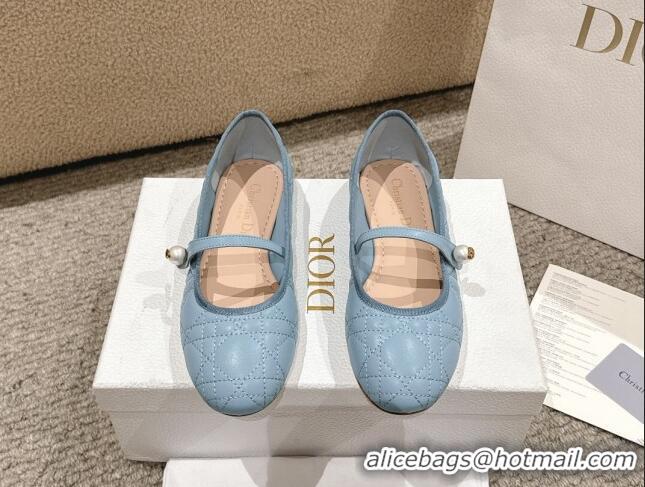 Best Grade Dior Mary Janes Ballet Flats in Quilted Cannage Calfskin with Pearl Light Blue 1231089