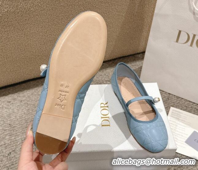 Best Grade Dior Mary Janes Ballet Flats in Quilted Cannage Calfskin with Pearl Light Blue 1231089