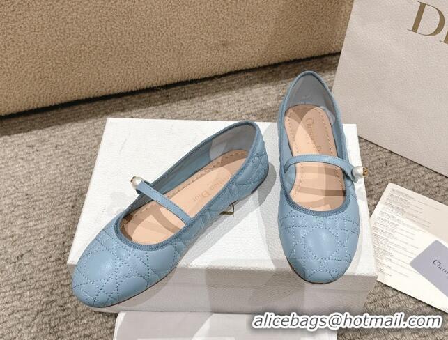 Best Grade Dior Mary Janes Ballet Flats in Quilted Cannage Calfskin with Pearl Light Blue 1231089