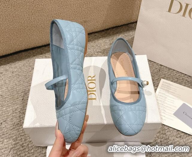 Best Grade Dior Mary Janes Ballet Flats in Quilted Cannage Calfskin with Pearl Light Blue 1231089