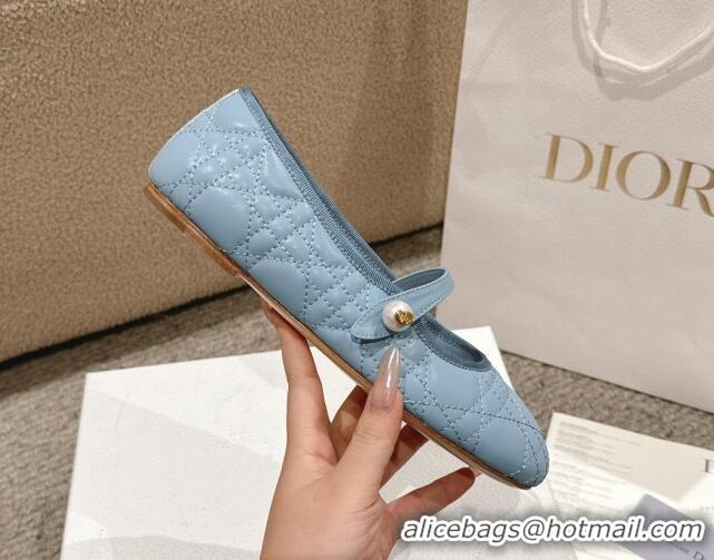 Best Grade Dior Mary Janes Ballet Flats in Quilted Cannage Calfskin with Pearl Light Blue 1231089