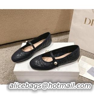 Shop Duplicate Dior Mary Janes Ballet Flats in Quilted Cannage Calfskin with Pearl Dark Blue 1231090