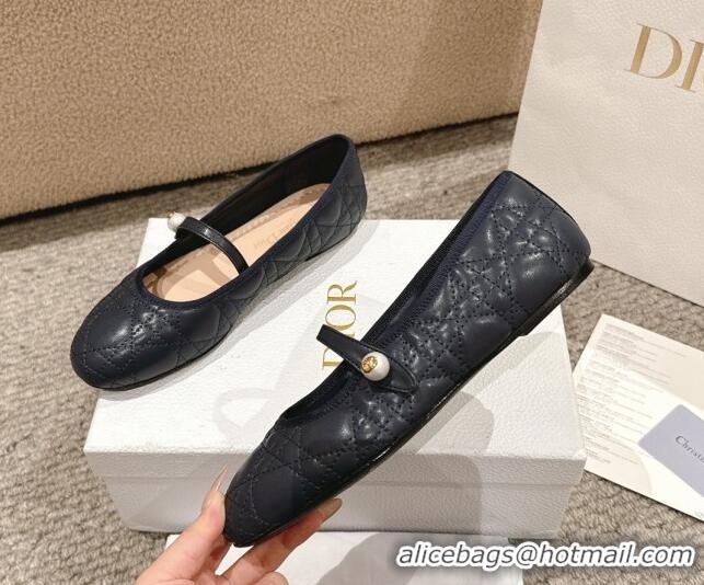 Shop Duplicate Dior Mary Janes Ballet Flats in Quilted Cannage Calfskin with Pearl Dark Blue 1231090