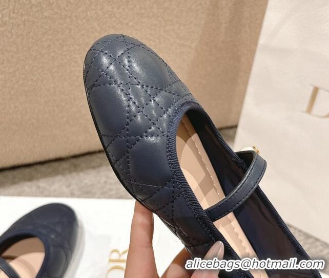 Shop Duplicate Dior Mary Janes Ballet Flats in Quilted Cannage Calfskin with Pearl Dark Blue 1231090