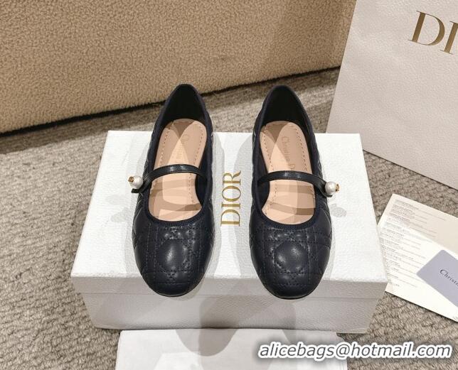 Shop Duplicate Dior Mary Janes Ballet Flats in Quilted Cannage Calfskin with Pearl Dark Blue 1231090