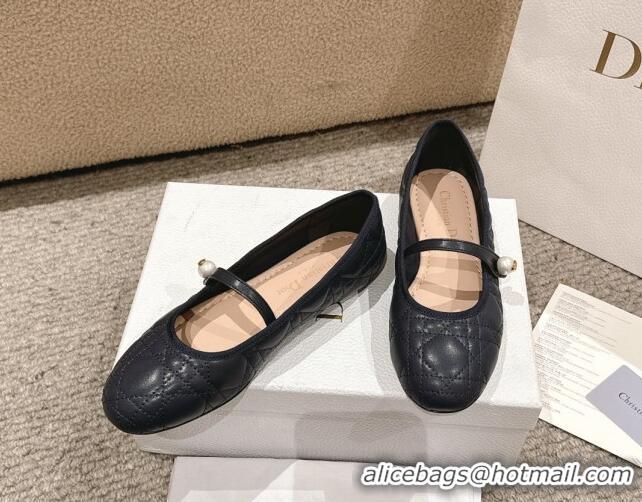 Shop Duplicate Dior Mary Janes Ballet Flats in Quilted Cannage Calfskin with Pearl Dark Blue 1231090