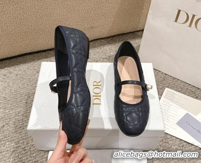 Shop Duplicate Dior Mary Janes Ballet Flats in Quilted Cannage Calfskin with Pearl Dark Blue 1231090