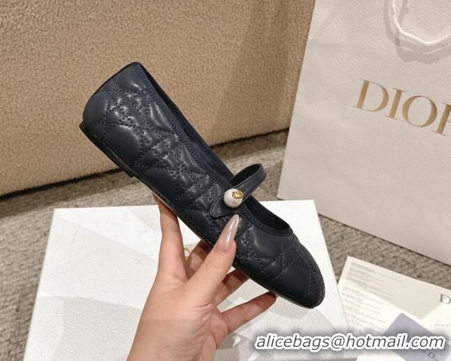 Shop Duplicate Dior Mary Janes Ballet Flats in Quilted Cannage Calfskin with Pearl Dark Blue 1231090