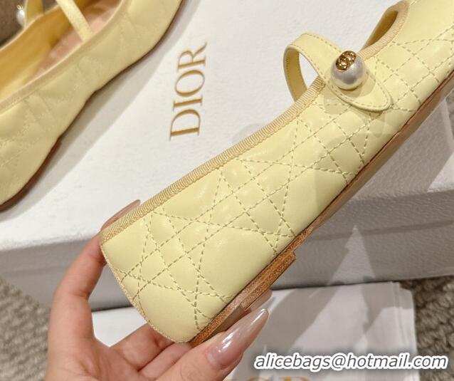 Top Design Dior Mary Janes Ballet Flats in Quilted Cannage Calfskin with Pearl Yellow 1231091