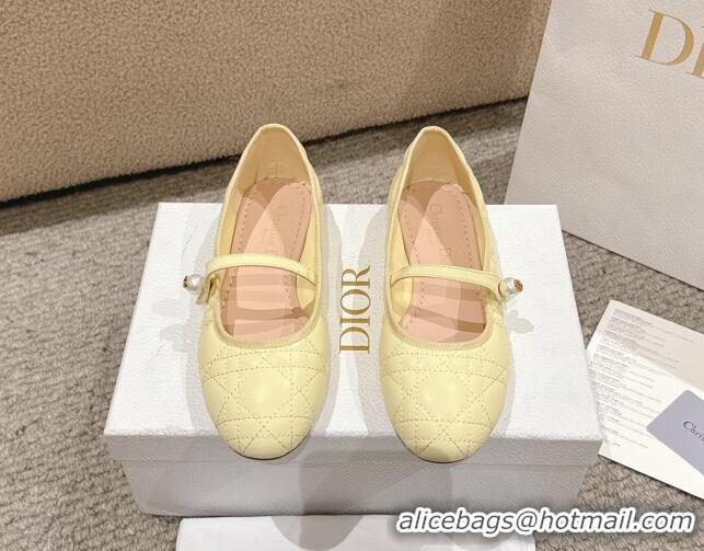 Top Design Dior Mary Janes Ballet Flats in Quilted Cannage Calfskin with Pearl Yellow 1231091