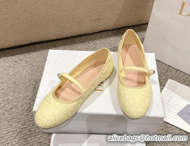 Top Design Dior Mary Janes Ballet Flats in Quilted Cannage Calfskin with Pearl Yellow 1231091