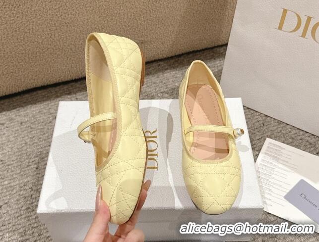 Top Design Dior Mary Janes Ballet Flats in Quilted Cannage Calfskin with Pearl Yellow 1231091