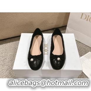 Low Cost Dior Ballet Flat in Quilted Cannage Calfskin with Pearl Bow Black 1231092