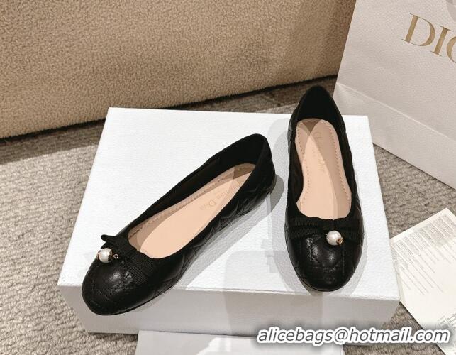 Low Cost Dior Ballet Flat in Quilted Cannage Calfskin with Pearl Bow Black 1231092