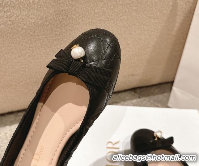 Low Cost Dior Ballet Flat in Quilted Cannage Calfskin with Pearl Bow Black 1231092