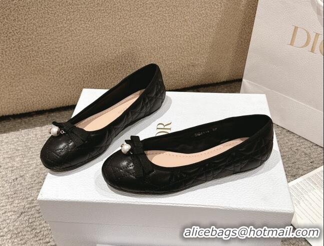 Low Cost Dior Ballet Flat in Quilted Cannage Calfskin with Pearl Bow Black 1231092