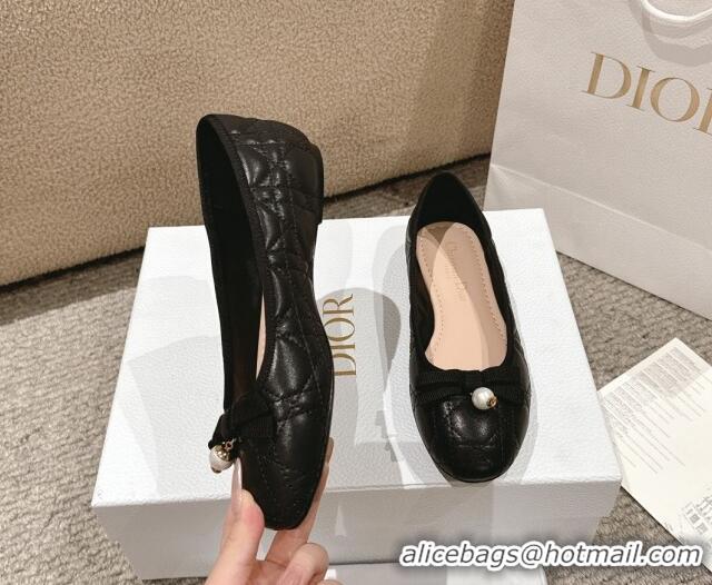 Low Cost Dior Ballet Flat in Quilted Cannage Calfskin with Pearl Bow Black 1231092