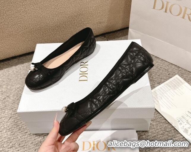 Low Cost Dior Ballet Flat in Quilted Cannage Calfskin with Pearl Bow Black 1231092