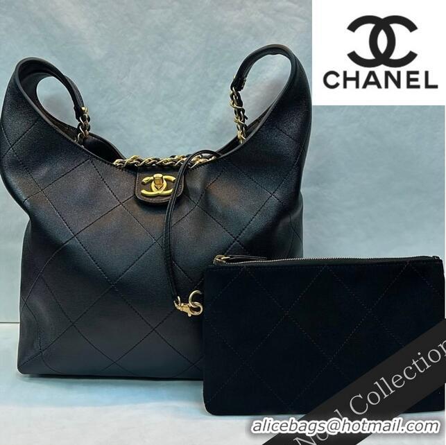 Well Crafted Chanel Large Hobo Bag Shiny Lambskin Gold Tone Metal AS5410 Black 2025