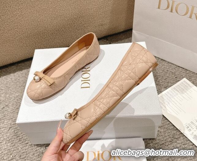 Good Looking Dior Ballet Flat in Quilted Cannage Calfskin with Pearl Bow Beige 1231093