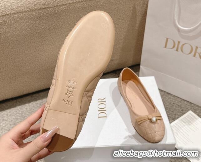 Good Looking Dior Ballet Flat in Quilted Cannage Calfskin with Pearl Bow Beige 1231093