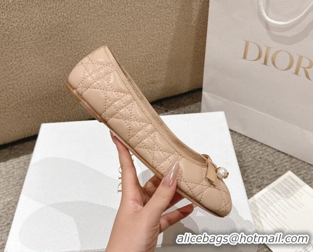 Good Looking Dior Ballet Flat in Quilted Cannage Calfskin with Pearl Bow Beige 1231093