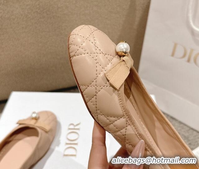 Good Looking Dior Ballet Flat in Quilted Cannage Calfskin with Pearl Bow Beige 1231093