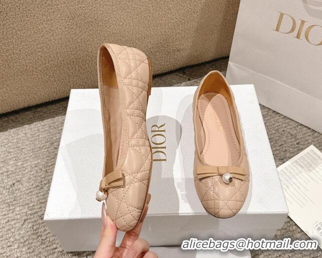 Good Looking Dior Ballet Flat in Quilted Cannage Calfskin with Pearl Bow Beige 1231093