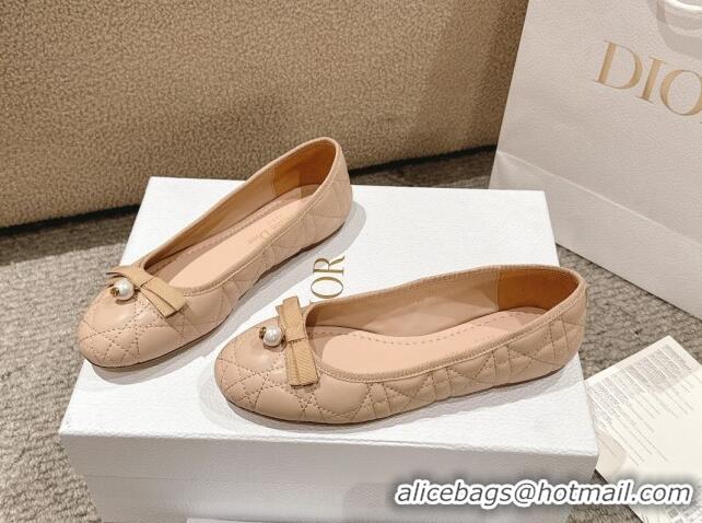 Good Looking Dior Ballet Flat in Quilted Cannage Calfskin with Pearl Bow Beige 1231093