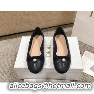 Pretty Style Dior Ballet Flat in Quilted Cannage Calfskin with Pearl Bow Dark Blue 1231094