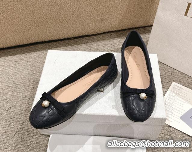 Pretty Style Dior Ballet Flat in Quilted Cannage Calfskin with Pearl Bow Dark Blue 1231094